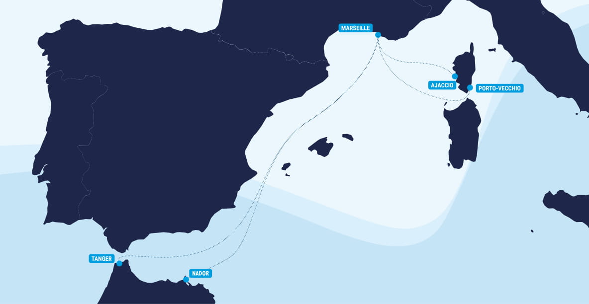 Map showing La Méridionale ferry routes connecting Marseille with Ajaccio, Porto-Vecchio, Tangier, and Nador across the western Mediterranean.